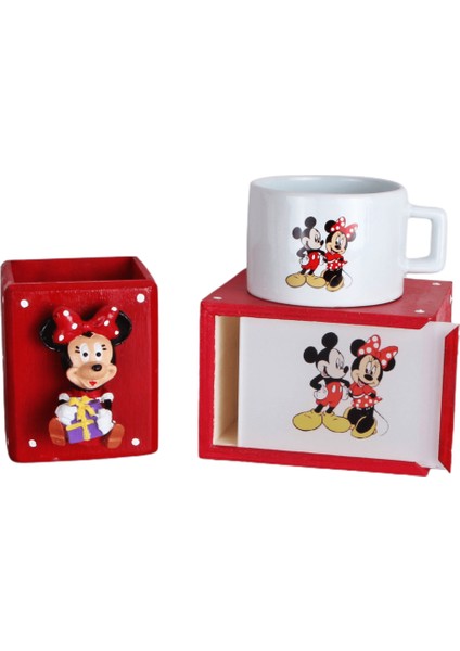 Minnie Mouse Puantiye Tasarımlı Biblolu Kalemlik Mickey Minnie Kutulu Kupa Set