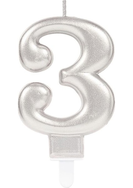 Gümüş Renk 3 Rakamlı Numaralı Parti Mumu