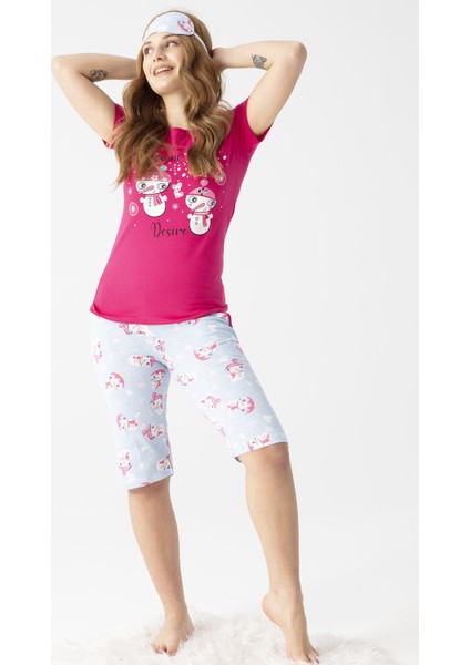 Kadın 3100-22 Desenli Kısa Kol Kapri Pijama Takımı Fuşya
