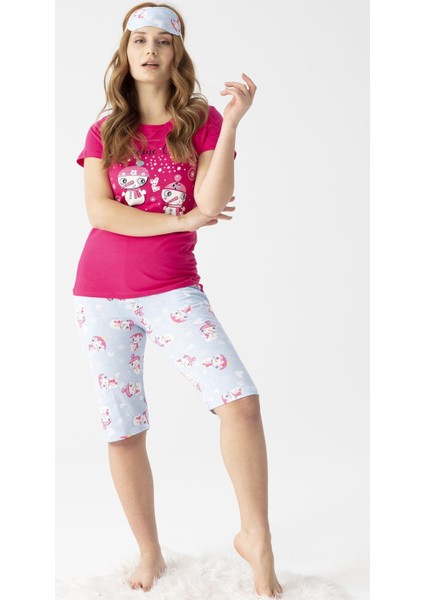 Kadın 3100-22 Desenli Kısa Kol Kapri Pijama Takımı Fuşya
