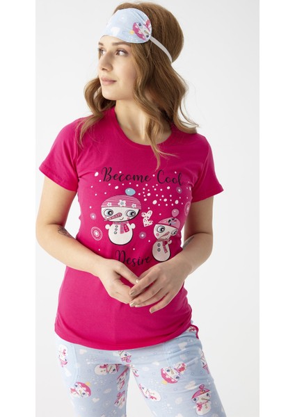 Kadın 3100-22 Desenli Kısa Kol Kapri Pijama Takımı Fuşya