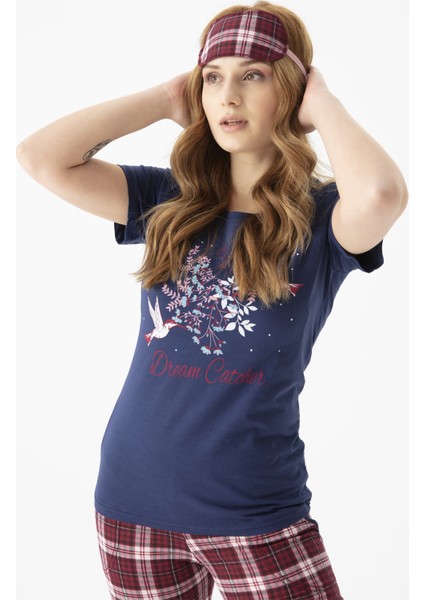 Kadın 3100-23 Desenli Göz Bantlı Kısa Kol Kapri Pijama Takımı Lacivert