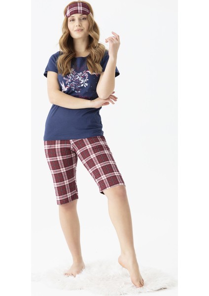 Kadın 3100-23 Desenli Göz Bantlı Kısa Kol Kapri Pijama Takımı Lacivert