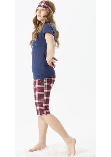 Kadın 3100-23 Desenli Göz Bantlı Kısa Kol Kapri Pijama Takımı Lacivert