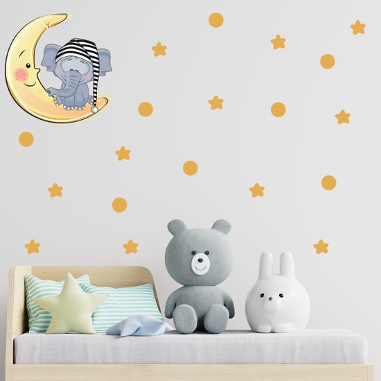 Tilki Dünyası Ay Üzerinde Uyuyan Sevimli Fil Çocuk Odası Duvar Sticker