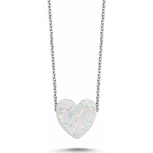 Adal Silver Kadın 925 Ayar Gümüş Kalp Beyaz Opal Taş Kolye