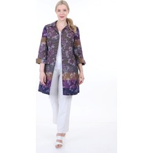 Disentis Modest Gömlek Yaka Kendinden Çiçek ve Çizgi Desenli Manşeti Geriye Kıvrık Düğmesiz Gömlek Ceket