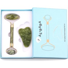 Alibaba Doğaltaş Yeşim Doğal Taş 2’li Özel Kutulu Set Face Roller + Gua Sha Masaj Taşı