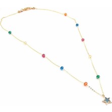 Solfera Mavi Taşlı Yıldız Renkli Boncuklar Kadın Kolye Q0326