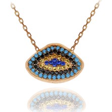 Renkli Taşlı Nazar Boncuklu Üçgen Gümüş Kolye