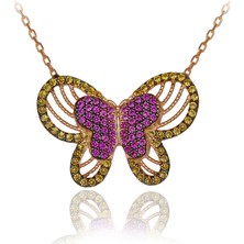 Sarı Kırmızı Taşlı Kelebek Gümüş Kolye