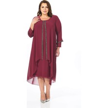 Lilas Xxl Büyük Beden Bordo Renkli Taş Baskılı Kısa Abiye Elbise