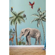 Msticker Fil, Kuşlar ve Ağaçlar Safari Tropikal Hayvanlar ve Ağaçlar Çocuk Bebek Odası Duvar Sticker