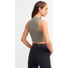 Dilvin 3587 Balıkçı Yaka Kolsuz Crop Top-Haki