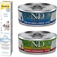 N&d Kitten 2 Adet(1-Tavuk Nar+1-Balık)Yavru Yaş Mama 80 Gr+Gimcat 50 gr Kitten Paste