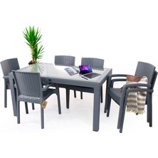 Bahex Violet 6 Kişilik 90X150 Camlı Rattan Desenli Masa Takımı 4 Renk Seçeneği