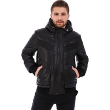 Franko Armondi Erkek Gerçek Deri Spor Kapşonlu Mont Siyah K-1539-20086 Fa5