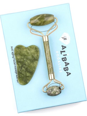 Alibaba Doğaltaş Yeşim Doğal Taş 2’li Özel Kutulu Set Face Roller + Gua Sha Masaj Taşı