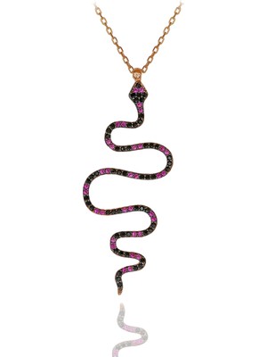 Fuşya Siyah Taşlı Yılan Gümüş Kolye