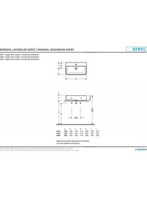 E.C.A Serel Tezgah Üstü Dikdörtgen Lavabo 35X60 cm 2046TXS110H