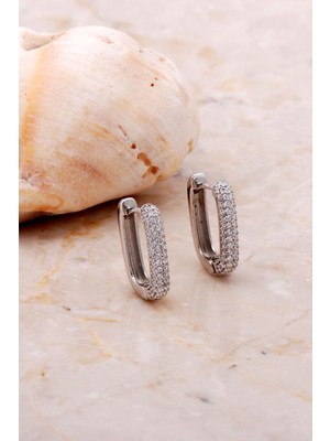 Sümer Telkari Taşlı Dikdörtgen Gümüş Halka Küpe 5162