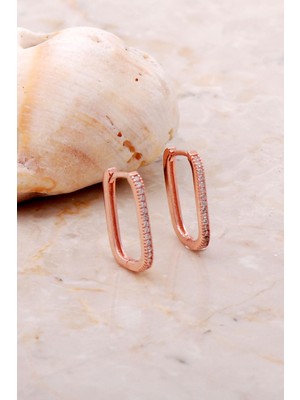 Sümer Telkari Taşlı Dikdörtgen Rose Gümüş Halka Küpe 5161