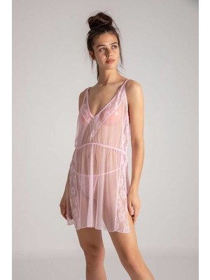 Pembe Tül Dantel Detaylı Gecelik Takım 2312
