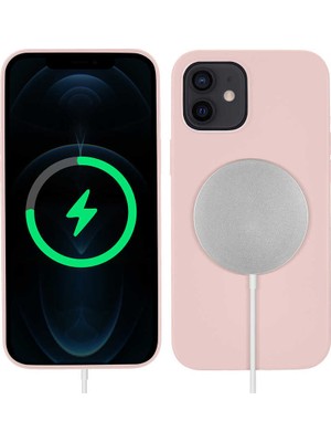 Coverzone iPhone 12 Kılıf Wireless Magsafe Silikon Kapak Açık Pembe