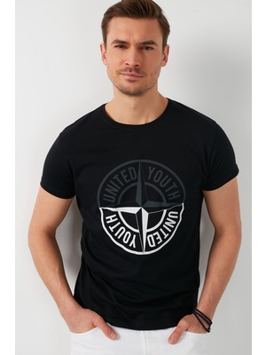 Buratti Baskılı Bisiklet Yaka % 100 Pamuk T Shirt Erkek T Shirt 541PUSULA