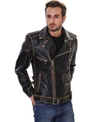 Franko Armondi Erkek Gerçek Deri Spor Biker Vintage Mont Siyah K-1560-19938 Fa4