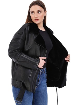 Franko Armondi Kadın Gerçek Deri Spor Biker Kışlık Mont Siyah BK-1573-20213 Fa5