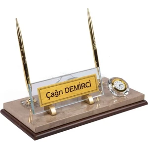 Sk 550 İsme Özel Ahşap Tabanlı Mermer Set Doğal Dekoratif Mermer Masaüstü İsimlik