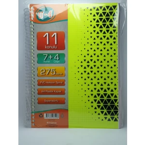 7+4 Bölümlü 275 Yaprak A4 Sipralli Ayraçlı Defter 7 Kareli 4 Çizgili Çoklu Defter