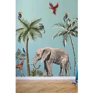 Fil, Kuşlar ve Ağaçlar Safari Tropikal Hayvanlar ve Ağaçlar Çocuk Bebek Odası Duvar Sticker