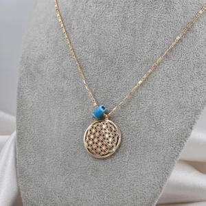 Sosyete Gkhn Mavi Nazar Boncuklu Gold Yuvarlak Detay Kolye