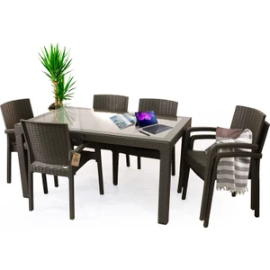 Rattan Masa Takımı 90X150 Camlı Masa 6 Kişilik Rattan Sandalye Seti  Bahçe Balkon Teras Takımı