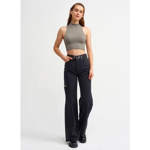 3587 Balıkçı Yaka Kolsuz Crop Top-Haki