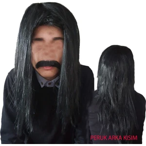 Siyah Renk Uzun Barış Manço Peruğu ve Bıyığı Çocuk Yetişkin Uyumlu