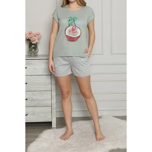 Yeşil Kadın Şortlu Pijama Takımı Kısa Kollu Cepli Pamuk