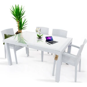 Rattan Masa Takımı 90X150 Camlı Masa 4 Kişilik Bambu Sandalye Seti Bahçe Balkon Teras Takımı