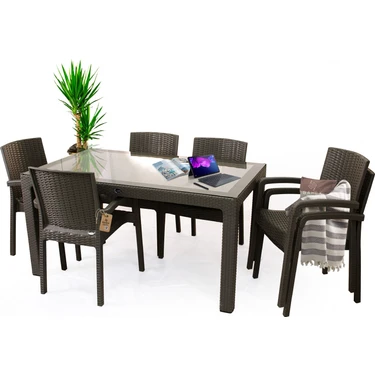 Bahex Rattan Masa Takımı 90X150 Camlı Masa 6 Kişilik Rattan Sandalye Seti  Bahçe Balkon Teras