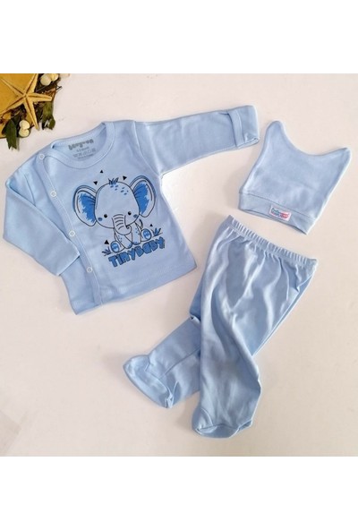 Babycan Erkek Bebek Fil Desenli Mavi 3'lü Zıbın Takımı