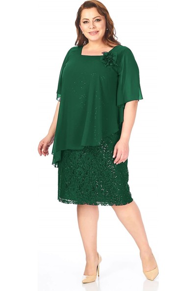 Lilas Xxl Büyük Beden Yeşil Renkli Dantel Abiye Elbise
