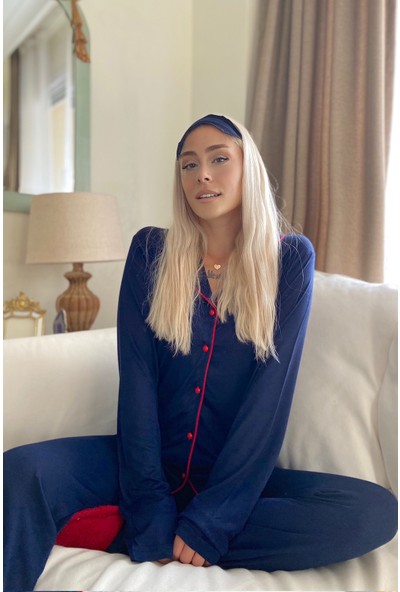 Likralı Örme Önden Düğmeli Uzun Kol Kadın Pijama Takımı