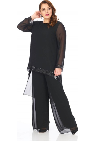 Lilas Xxl Büyük Beden Siyah Renkli Şifon Pantolon Bluz Takım