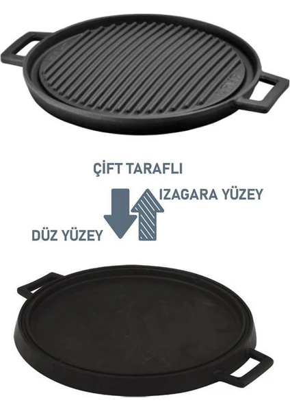 Döküm Yuvarlak Griddle Bir Tarafı Düz Diğer Tarafı Izgara Yüzeyli 28 cm