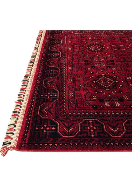 Kırmızı Lacivert Mavi Klasik Afgan Tasarım Yün Tezgâh Dokuma 0433