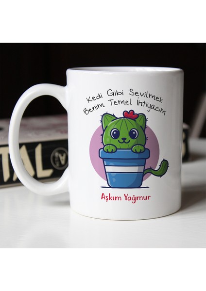 Kişiye Özel Isimli Kaktüs Kedi Baskılı Kupa Bardak 6298