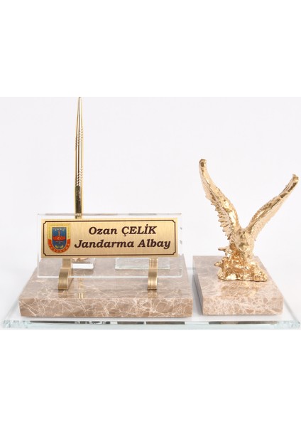 İsme Özel Uçan Kartal Figürlü Mermer Set Masaüstü İsimlik Krem