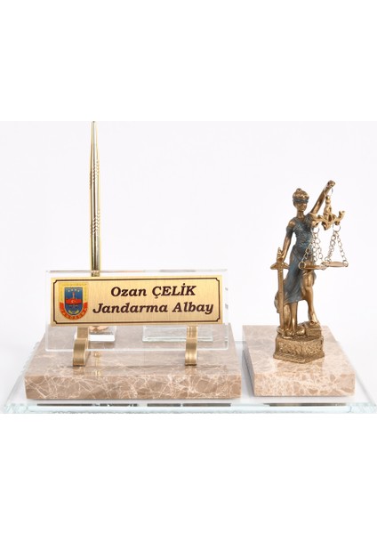 İsme Özel Avukatlar Için Themis Adalet Biblo Mermer Altın Set Masaüstü İsimlik Krem